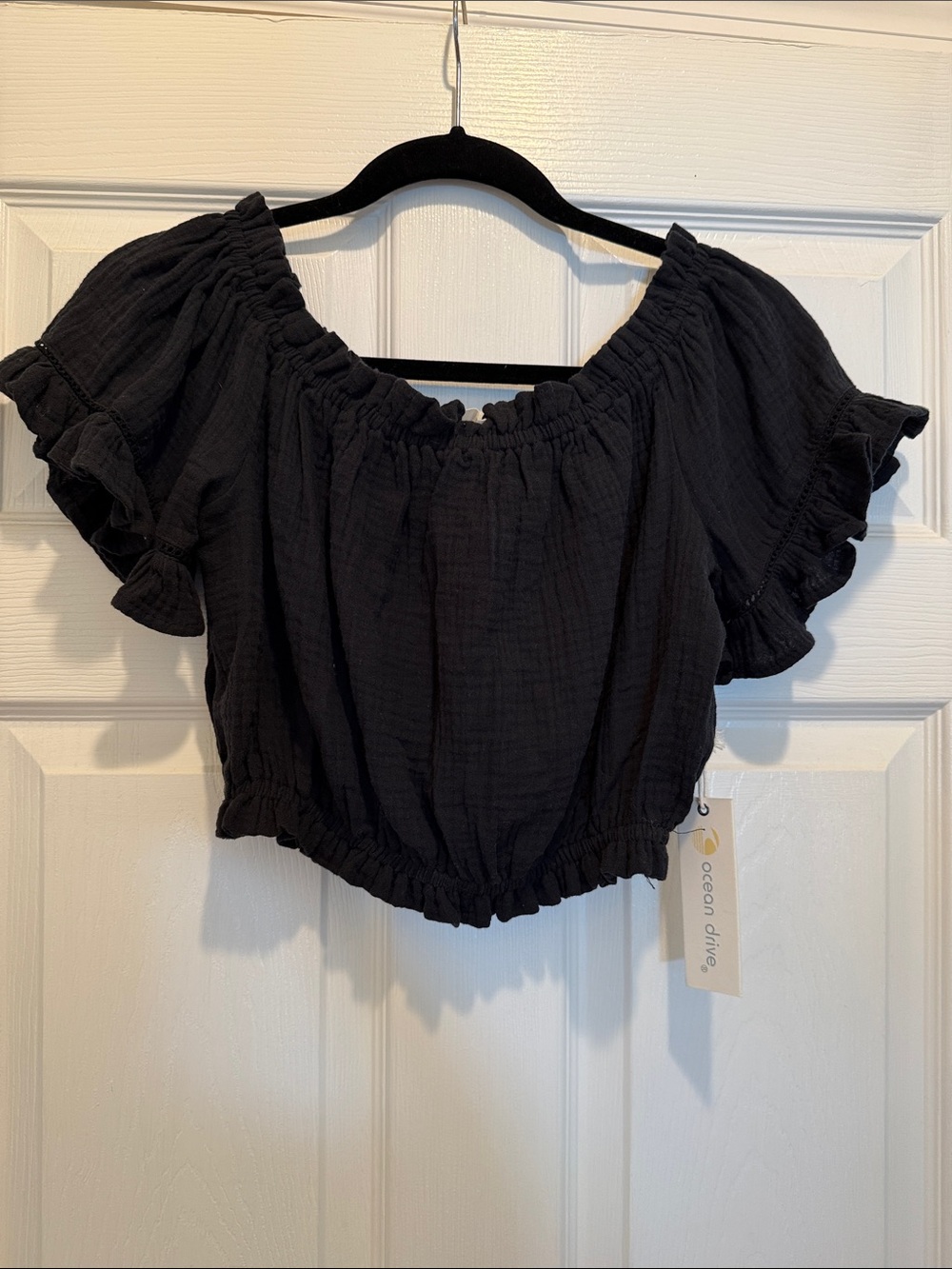 NWT Ocean Drive Black Gauze Ruffle Sleeve Crop Top